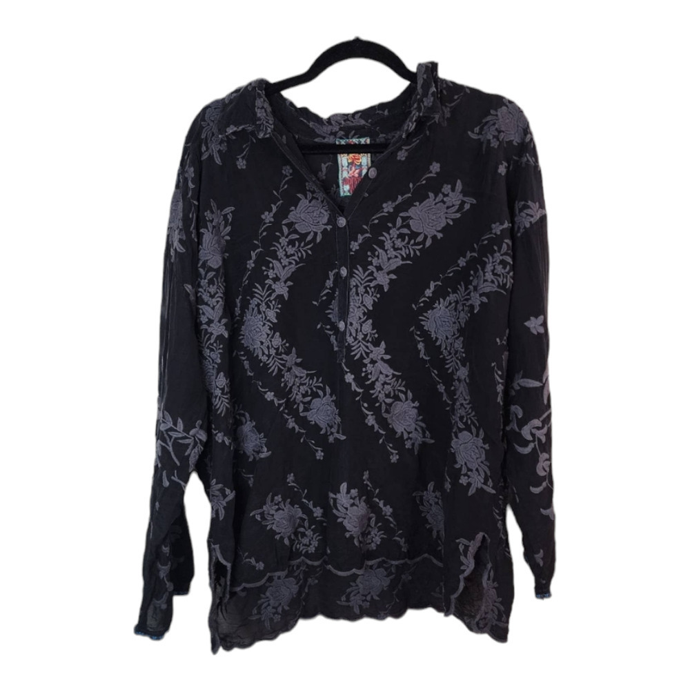Johnny Was Long Sleeve Black Floral Embroidered Cupra Rayon Blouse m